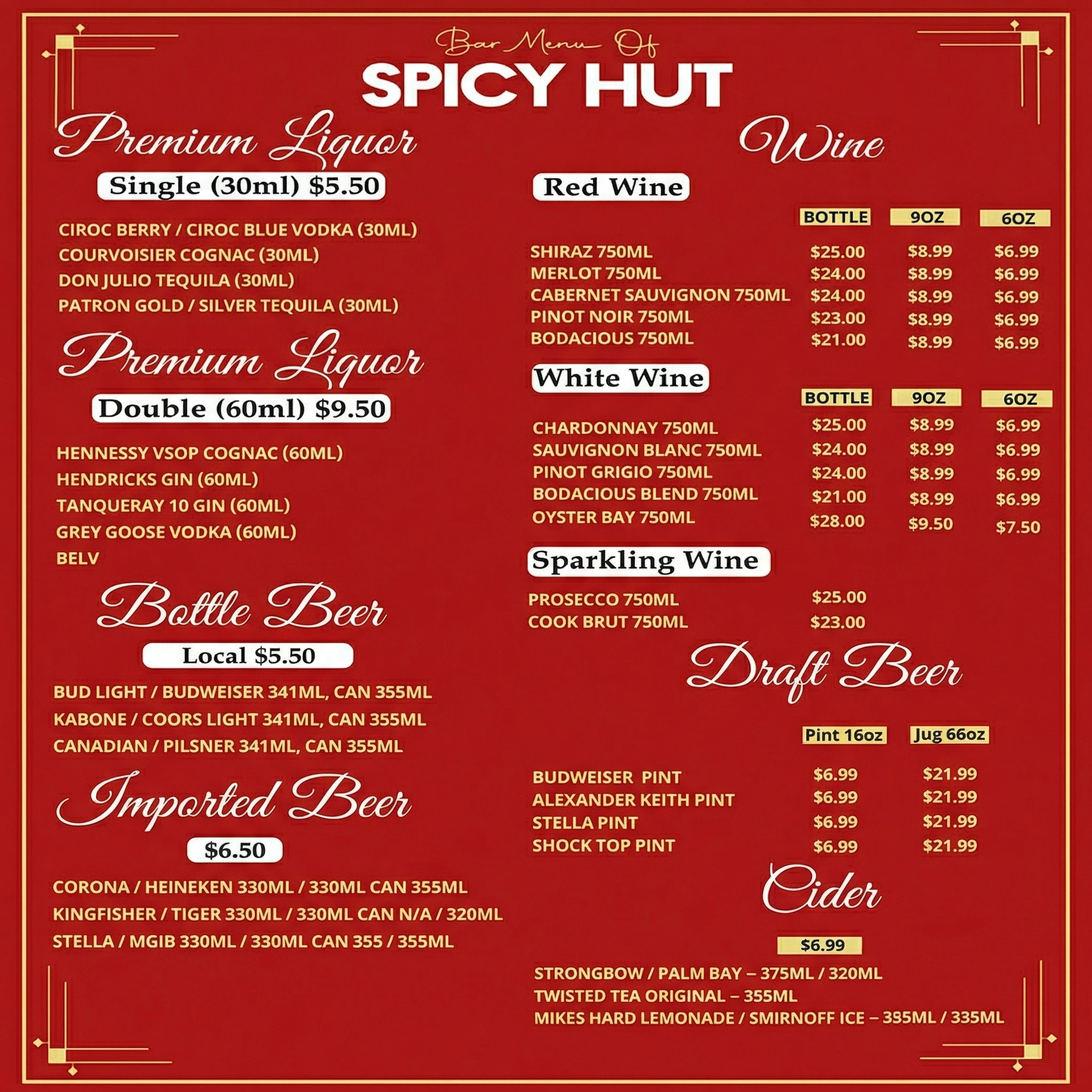 Bar Items Menu Page 1 - Spicy Hut Indian Bistro & Bar