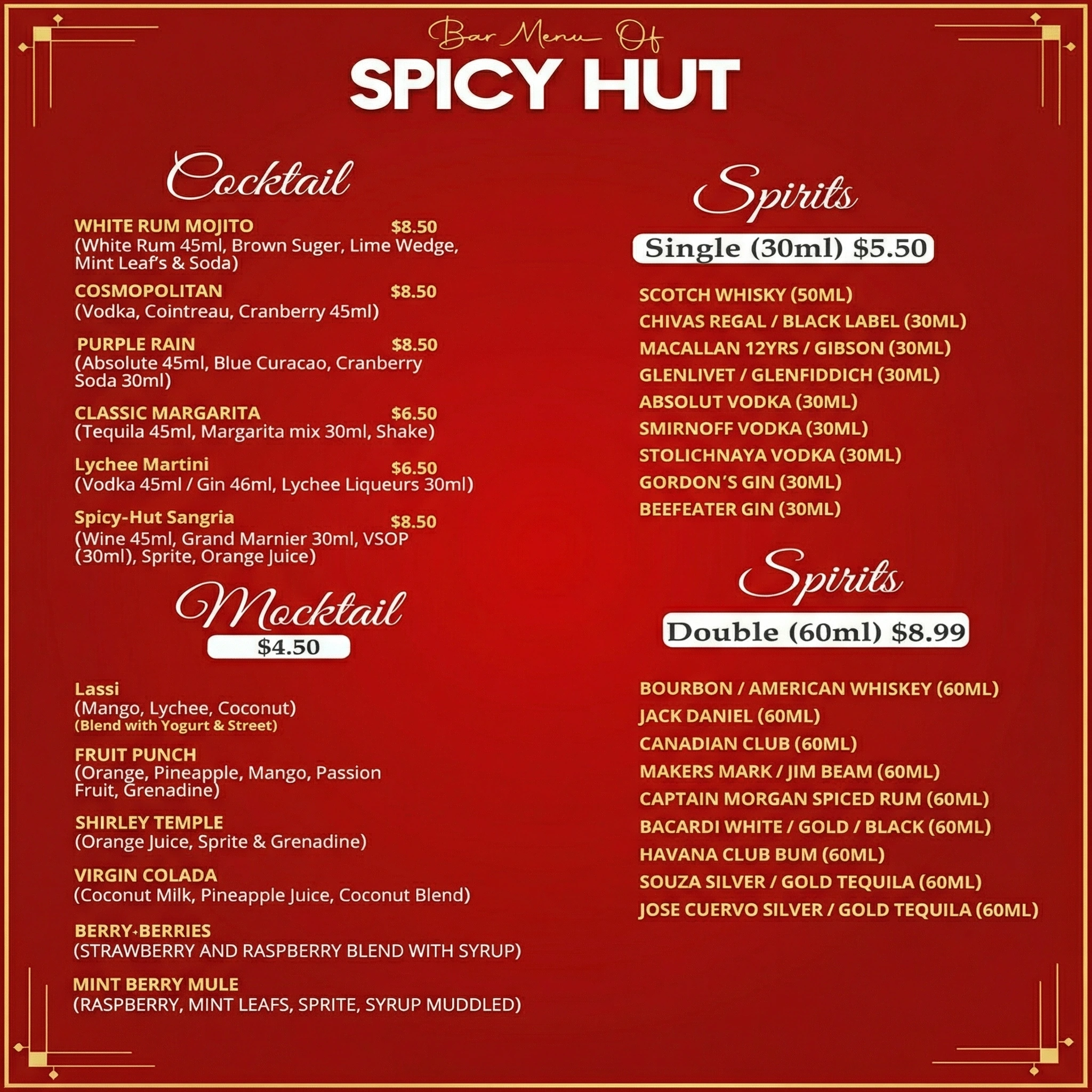 Bar Items Menu Page 2 - Spicy Hut Indian Bistro & Bar